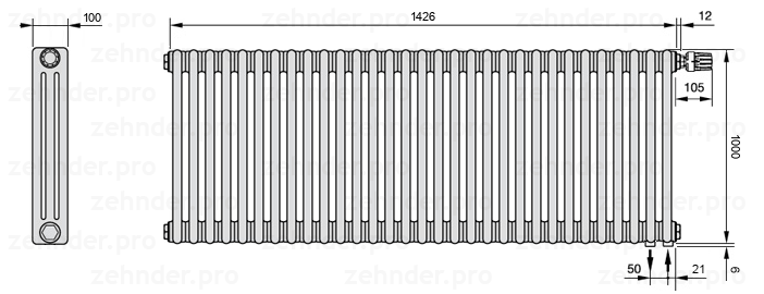 Схема (чертеж) Радиатор Zehnder Charleston 3100/31 №V002 Белый глянцевый RAL 9016